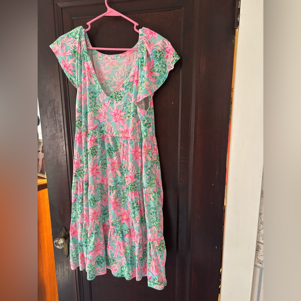 💕🌴LILLY PULITZER🌴GEANNA SHORT SLEEVE V NeCK DRESS SURF BLUE SO SHELLEGANT